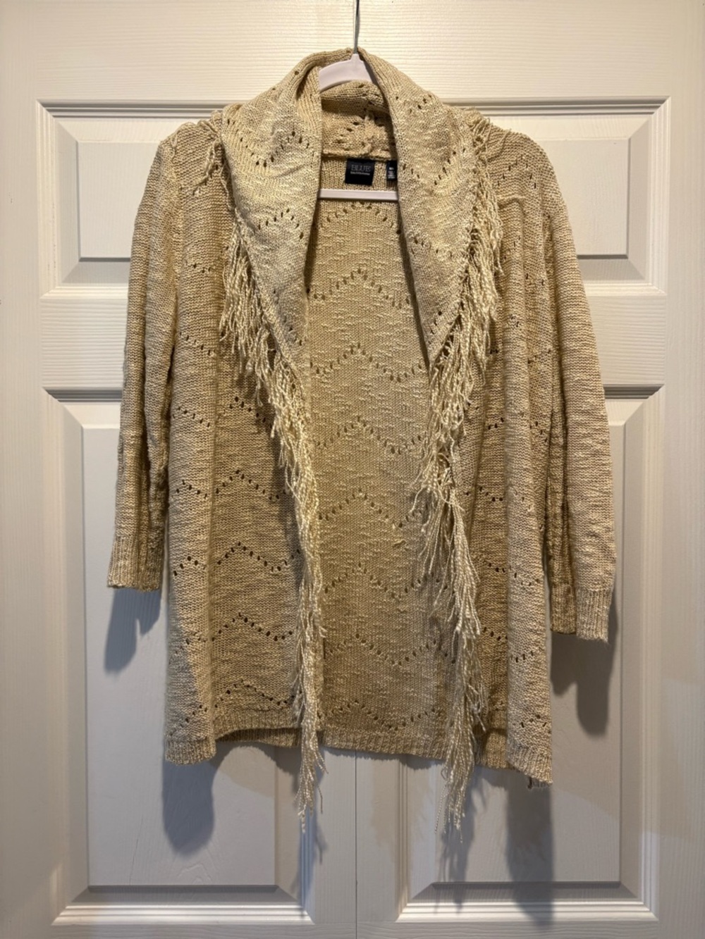 Saks Fifth Avenue Beige Fringe Open-Front Knit western cardigan sz M